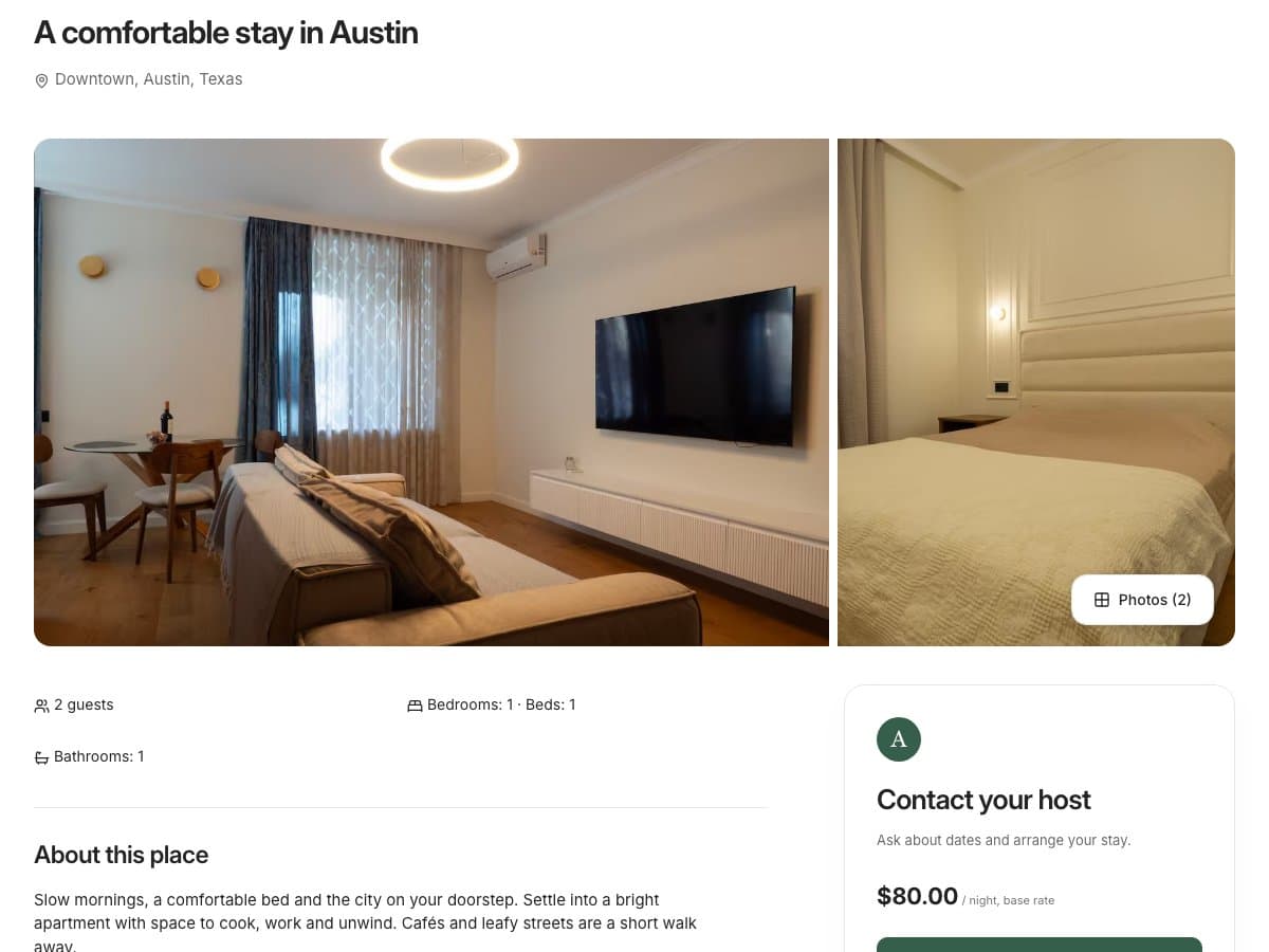 JustStay example vacation rental page showing property photos, amenities, and the host contact section
