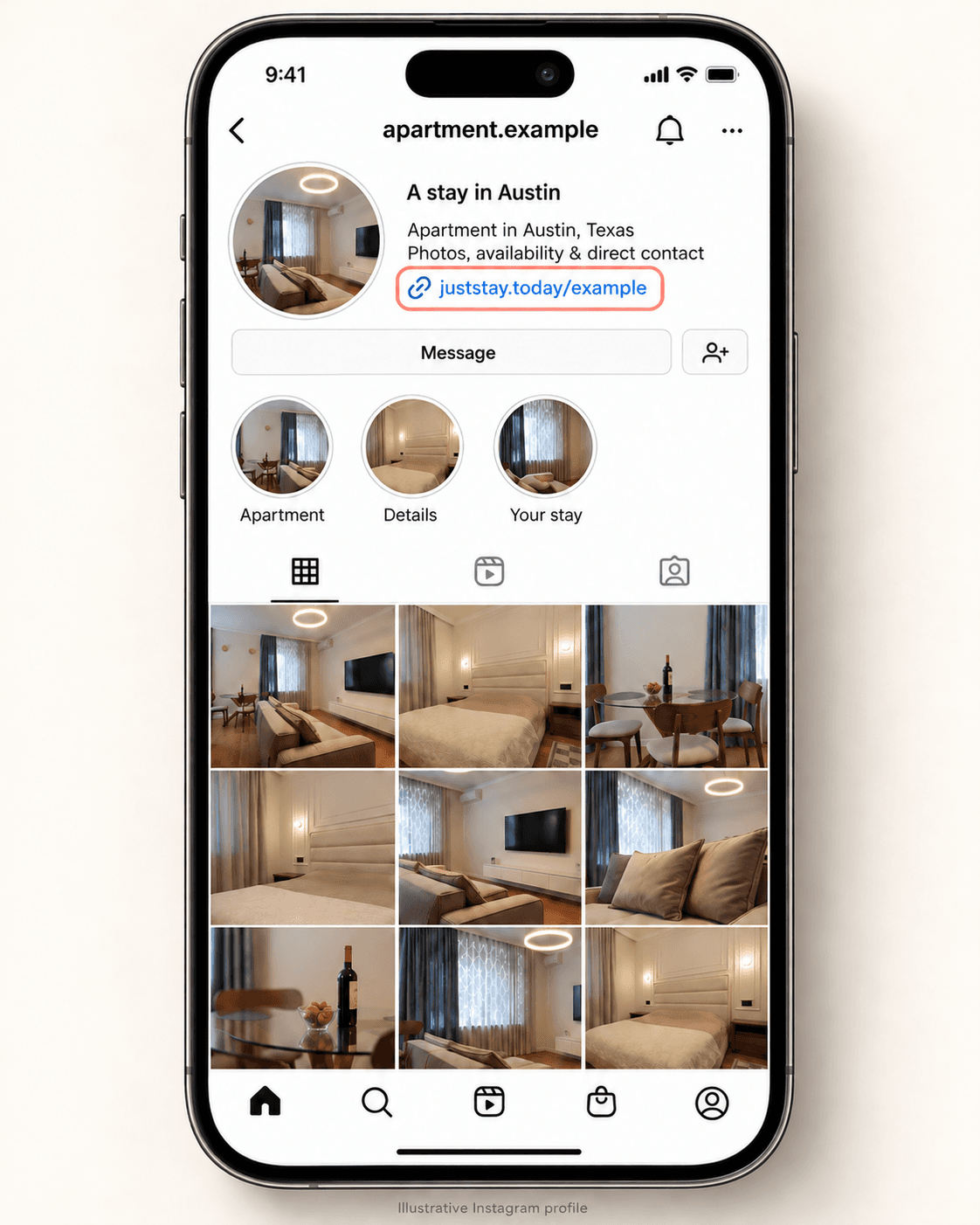 Illustrative apartment Instagram profile with the JustStay guest-page link highlighted in its bio